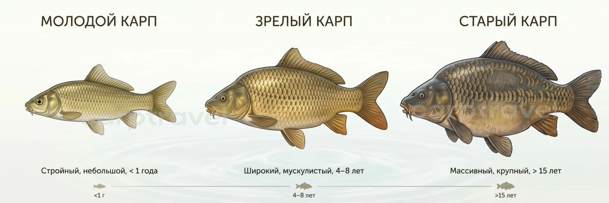 С возрастом карп меняет не только размер, но и форму тела и оттенок чешуи