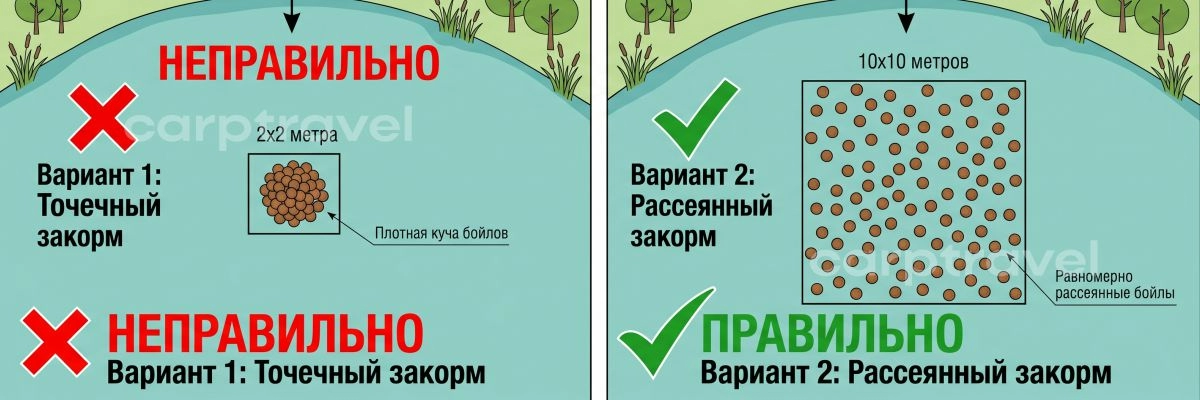 Правильный закорм карпа — это рассредоточенное пятно, а не компактная куча